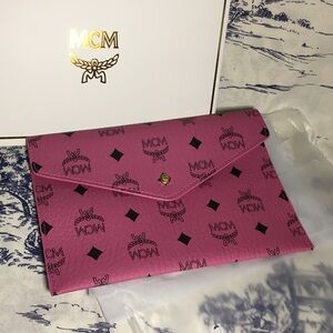 MCM Envelope bag Gold button Clutch Pouch Cosmetic Brush EUC
